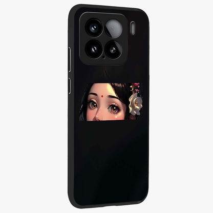 Radha Divine Embrace Glass Case upright view showcasing sacred Radha themed artwork with peaceful devotional style.