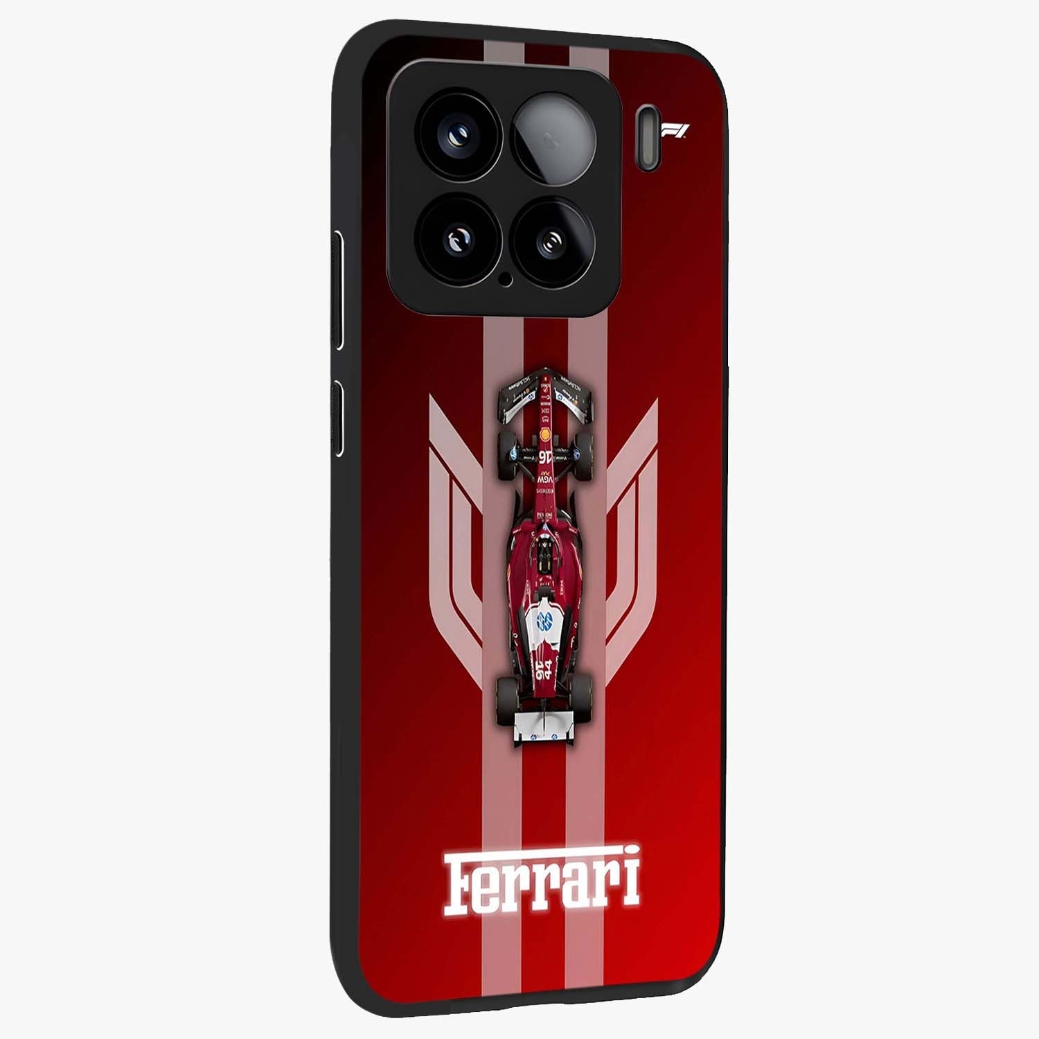Red Ferrari F1 Vertical Glass Case upright view showcasing powerful Formula car artwork with dynamic motorsport theme.