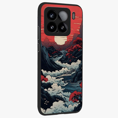 Red Sunset Scenery Glass Case upright view showcasing dramatic sunset scenery artwork with warm nature theme.