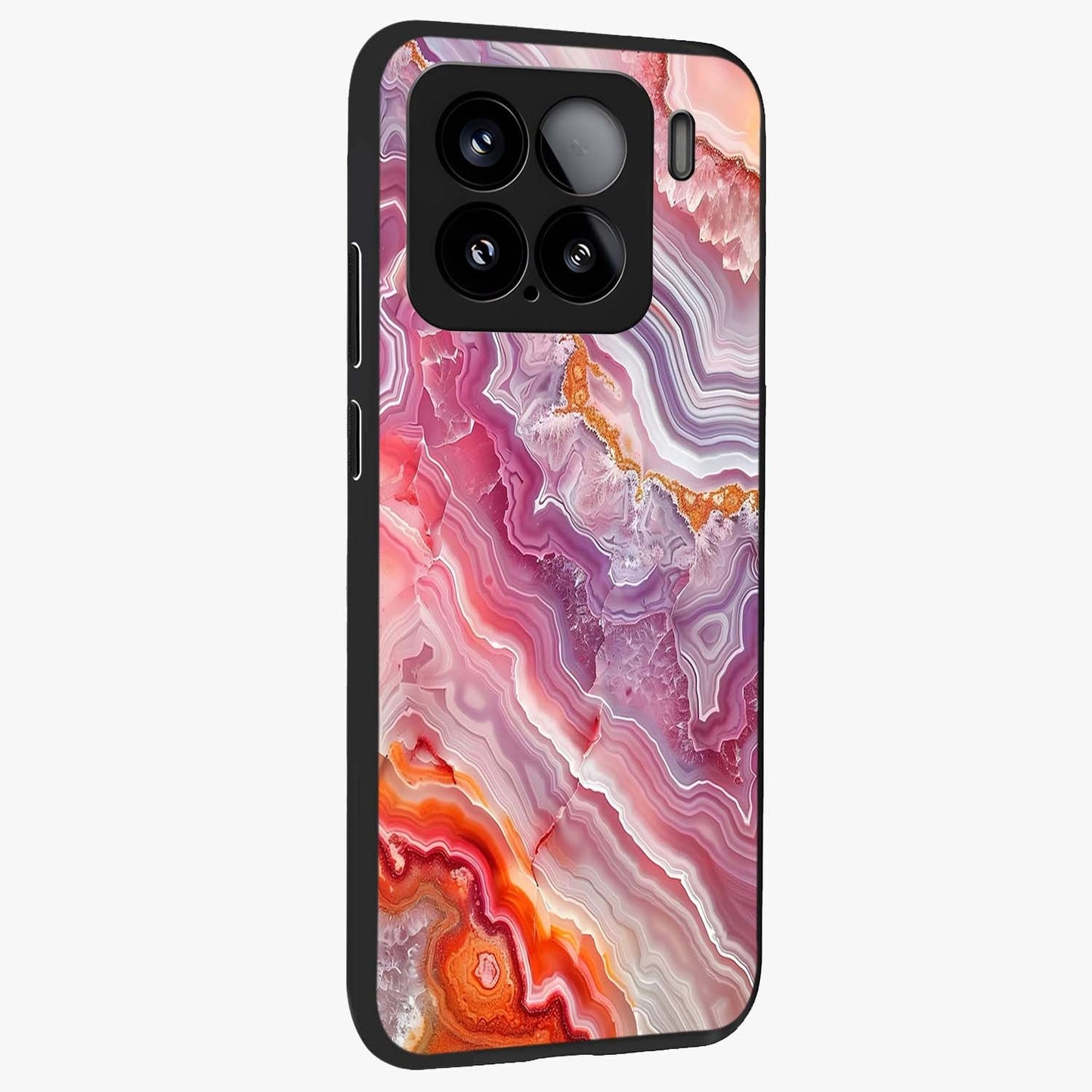 Rose Quartz Marble Glass Case upright view showcasing decorative marble artwork with luxurious pastel theme.