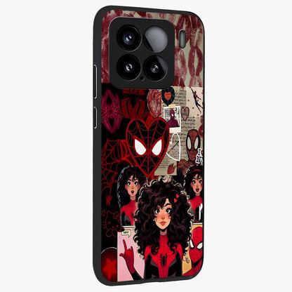 Spider Love Story Glass Case upright view showcasing charming superhero artwork with romantic comic theme.