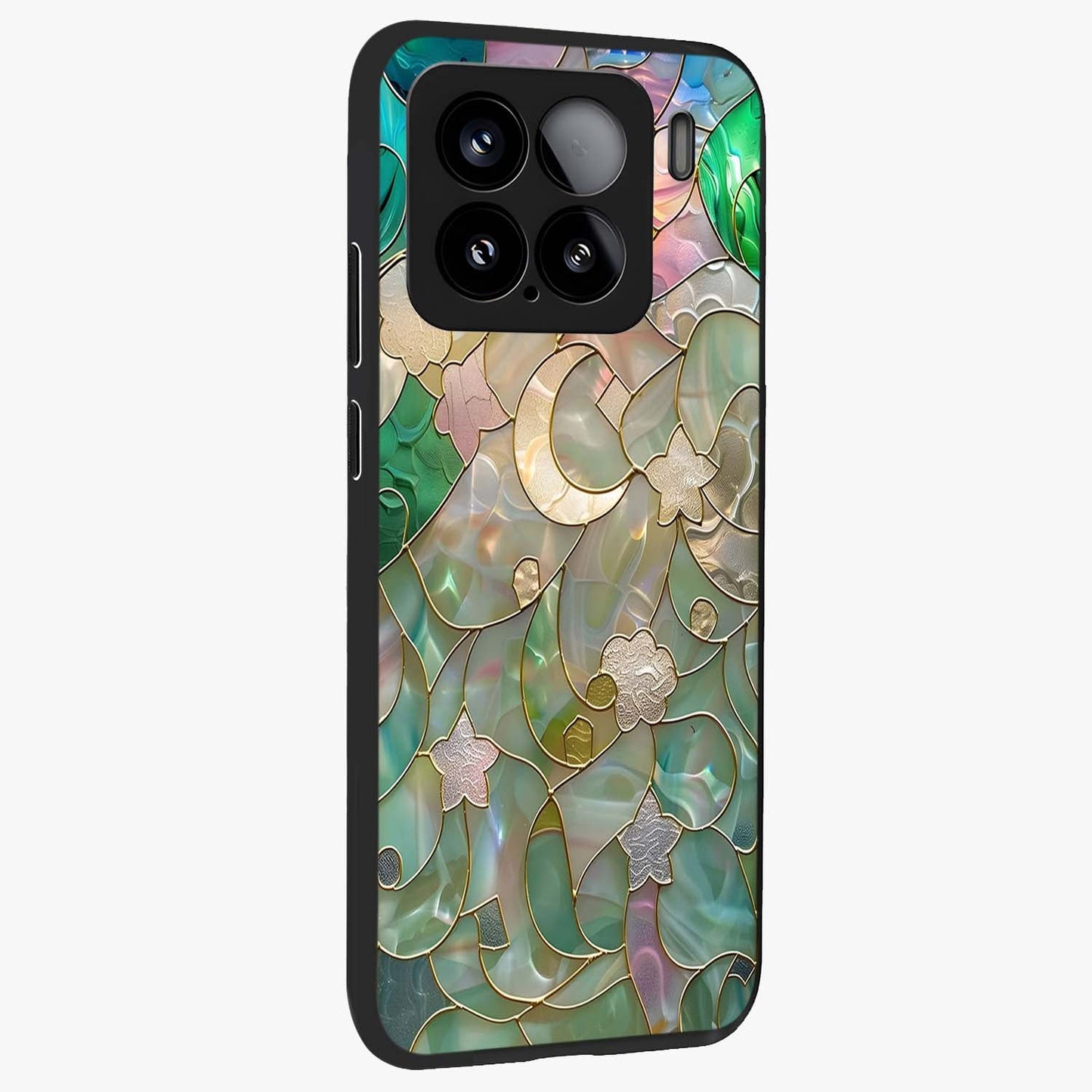 Stained Sunrise Glow Glass Case upright view showcasing colorful sunrise artwork with warm morning theme.