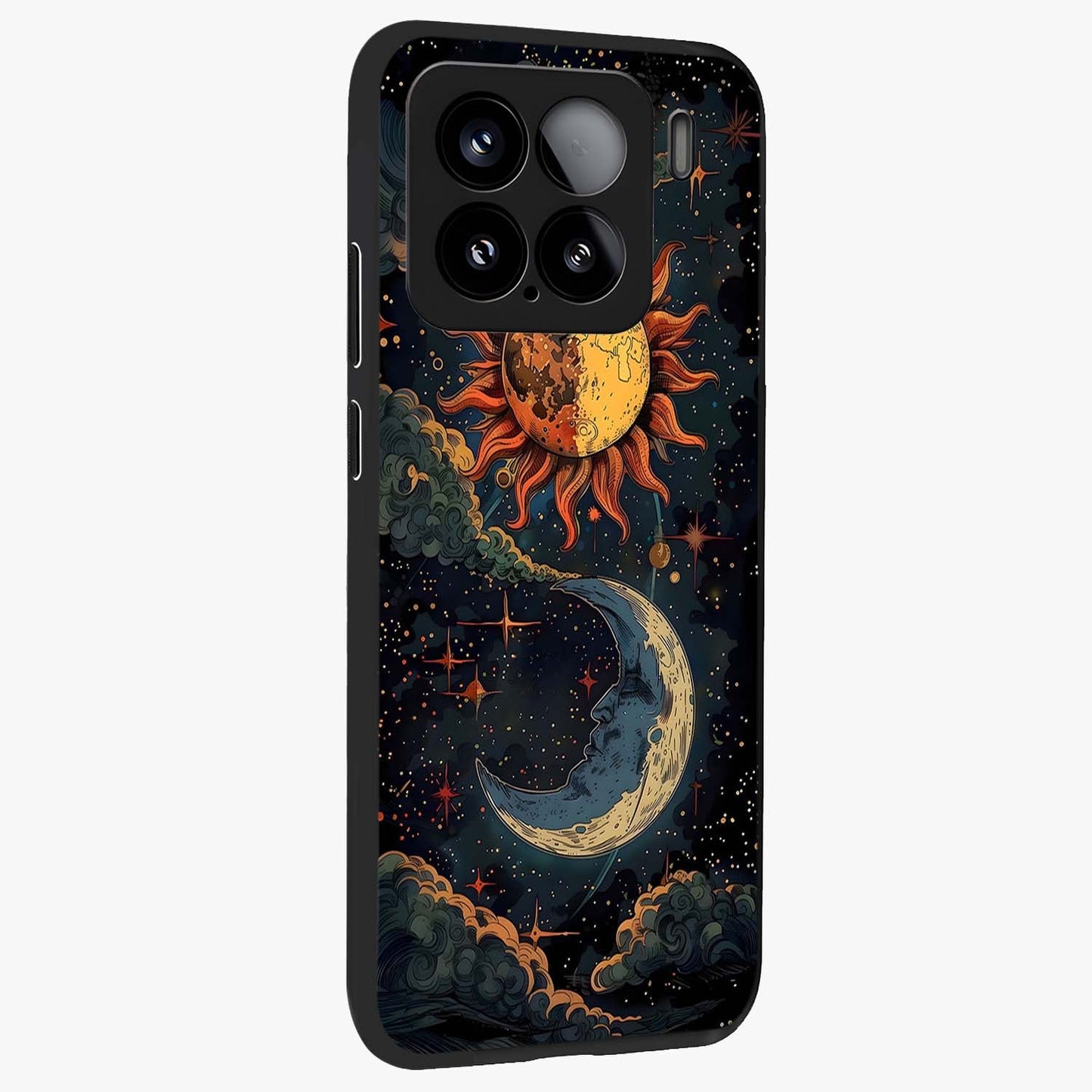 Sun And Moon Magic Design Glass Case upright view showcasing decorative sun and moon artwork with spiritual celestial theme.