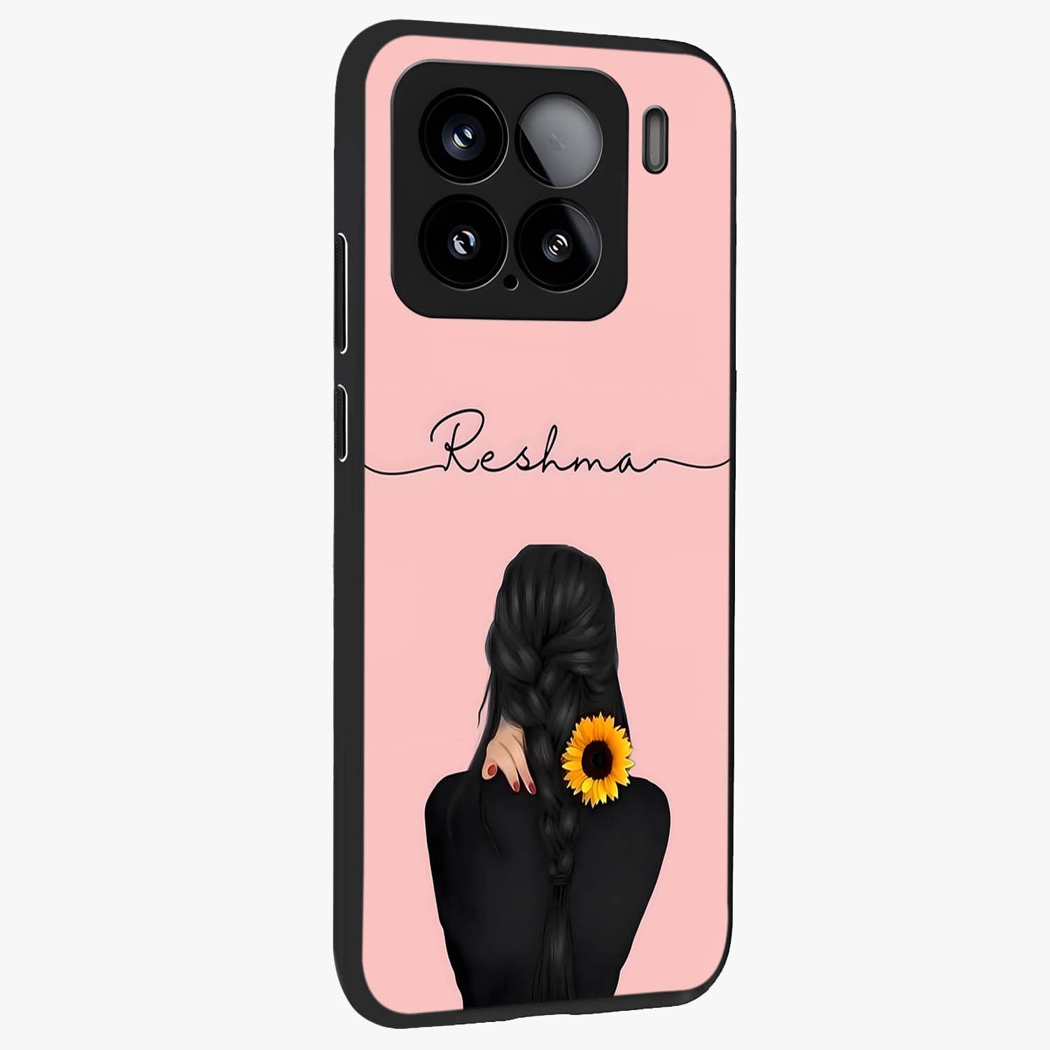 Sunflower Braid Beauty With Custom Name Glass Case upright view showcasing bright sunflower artwork with personalized floral aesthetic.