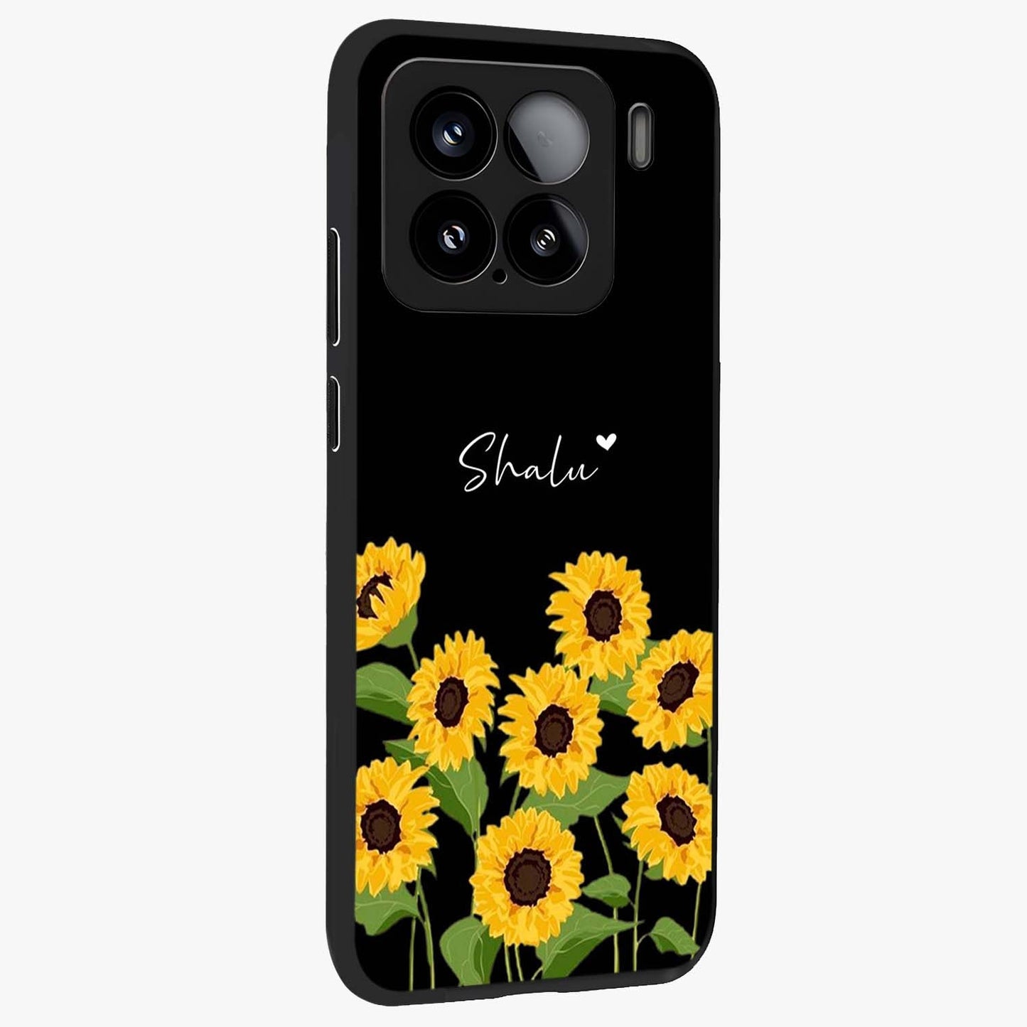 Sunflower Chic Mood Custom Name Glass Case upright view showcasing cheerful sunflower artwork with trendy floral theme.