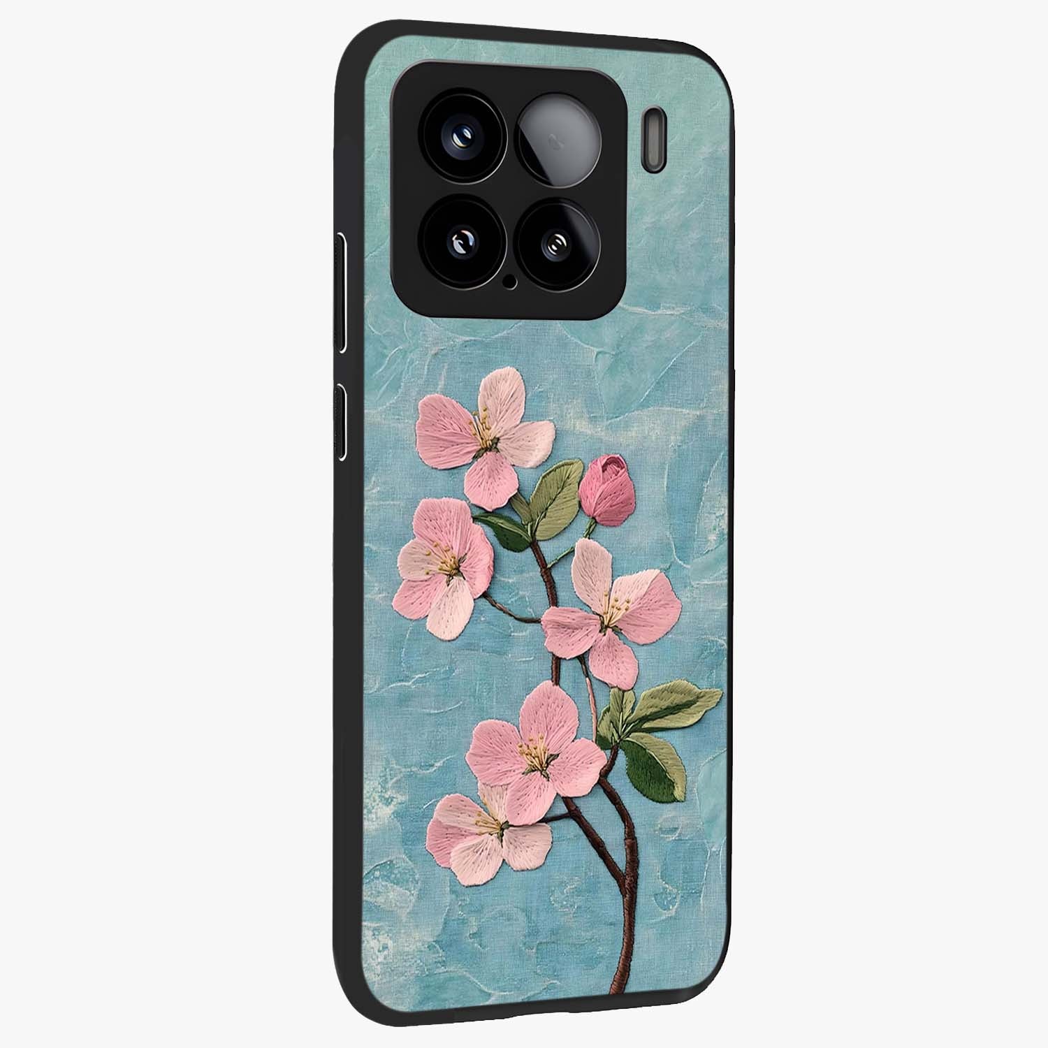 Threaded Blossom Breeze Glass Case upright view showcasing graceful flower artwork with calm botanical theme.