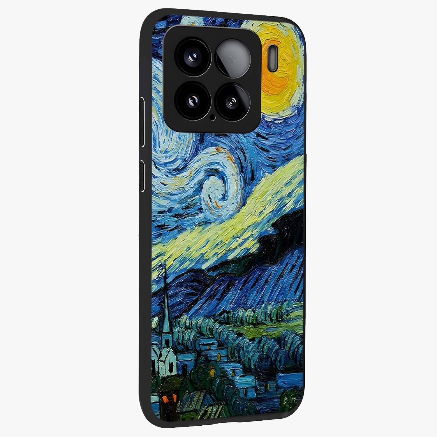 Van Gogh Art Glass Case upright view showcasing expressive painting style artwork with timeless artistic theme.
