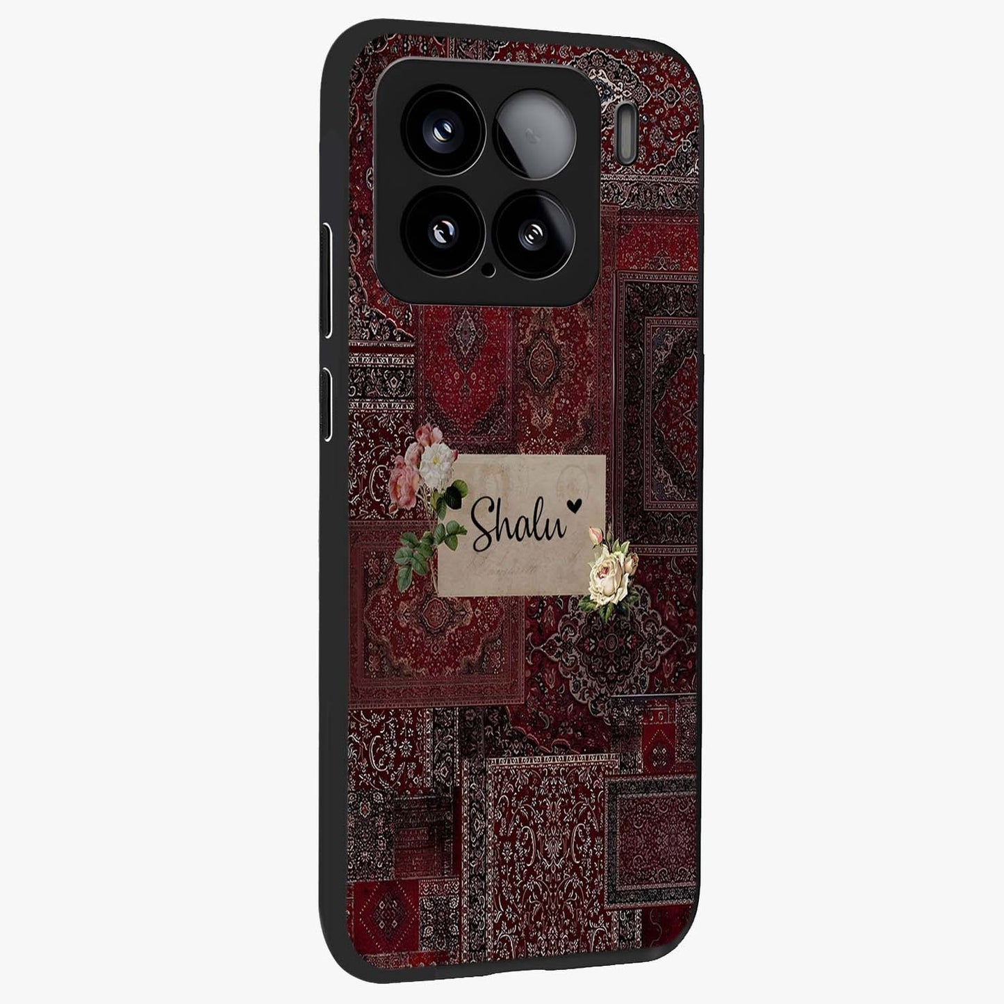 Velvet Wine Pattern Custom Name Glass Case upright view showcasing luxurious wine toned artwork with personalized aesthetic.