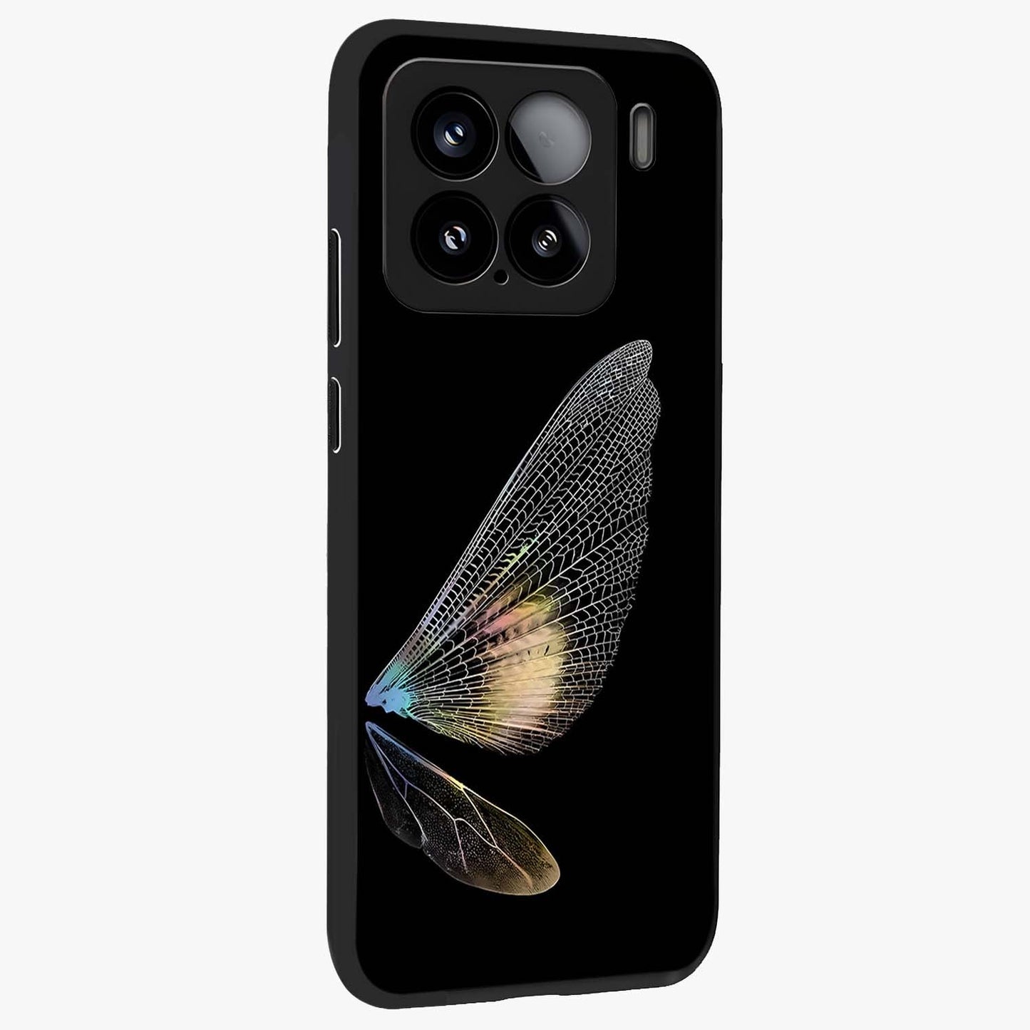 Whispers Of Wings Glass Case upright view showcasing elegant wing artwork with light airy theme.