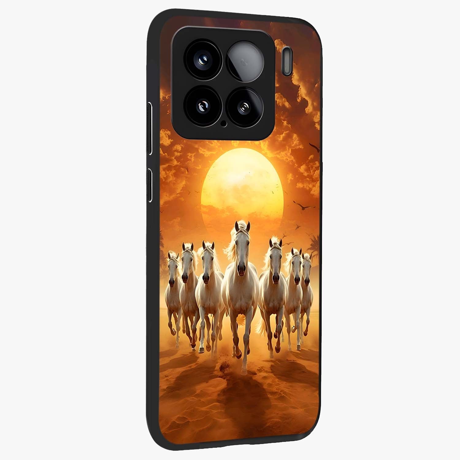 Wild Sunset Majesty Glass Case upright view showcasing dramatic sunset artwork with bold nature theme.