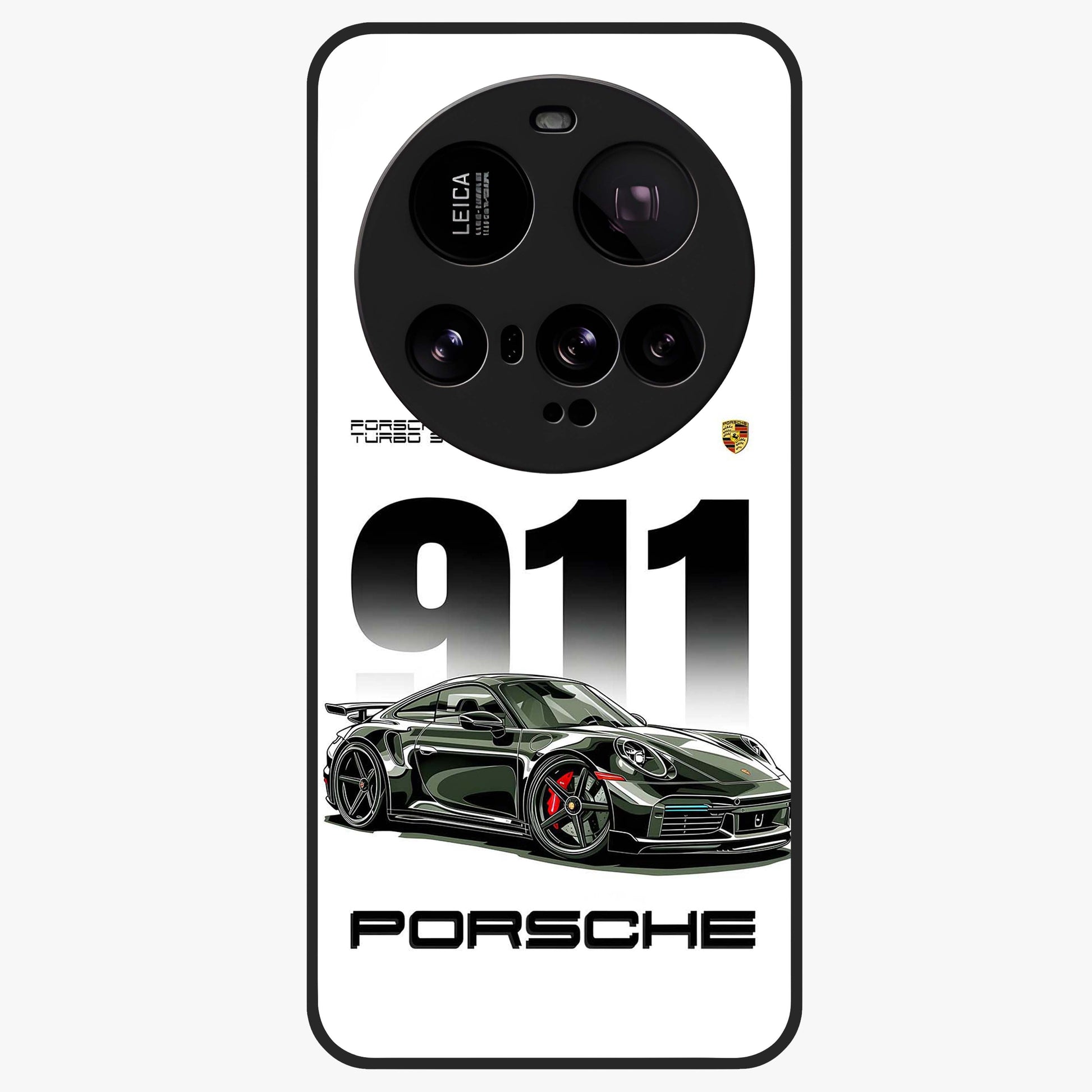 911 Turbo Dominance Glass Case showing clean flat back view with bold 911 sports car artwork and glossy glass finish.