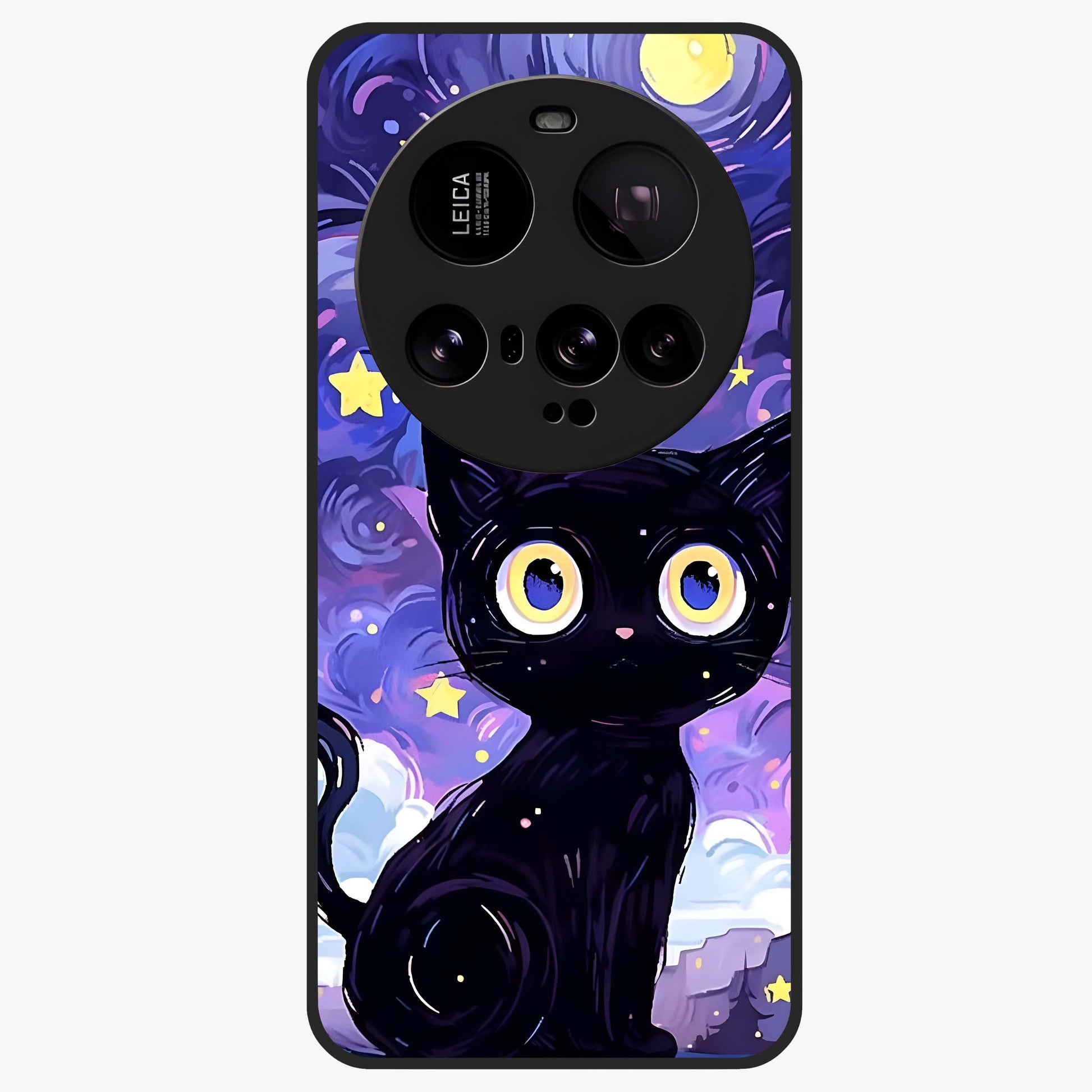 Abstract Cat Art Glass Case showing flat back view with artistic cat illustration and glossy glass finish.