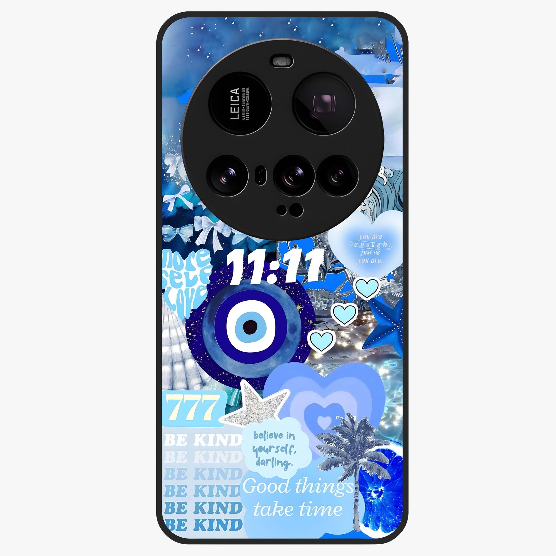 Aesthetic Be Kind Eye Glass Case showing flat back view with motivational eye artwork and glossy glass finish.