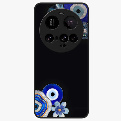 Aesthetic Blue Evil Eye Glass Case showing flat back view with protective evil eye artwork and glossy glass finish.