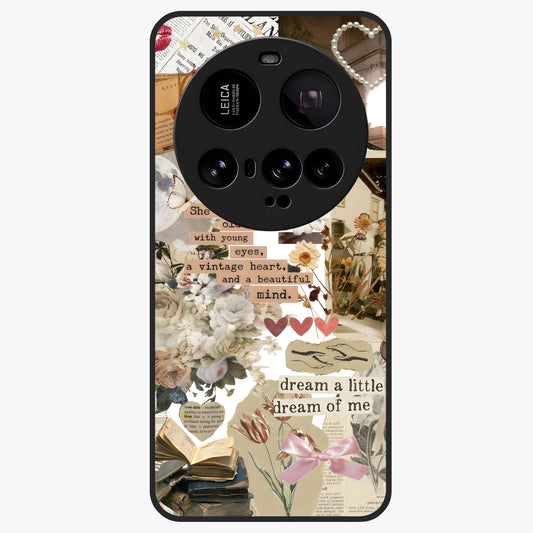 Aesthetic Brown Vintage Collage Glass Case showing flat back view with retro collage artwork and glossy glass finish.