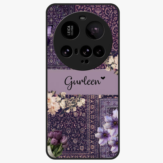 Antique Floral Whisper Custom Name Glass Case showing flat back view with vintage floral artwork and personalized name design.