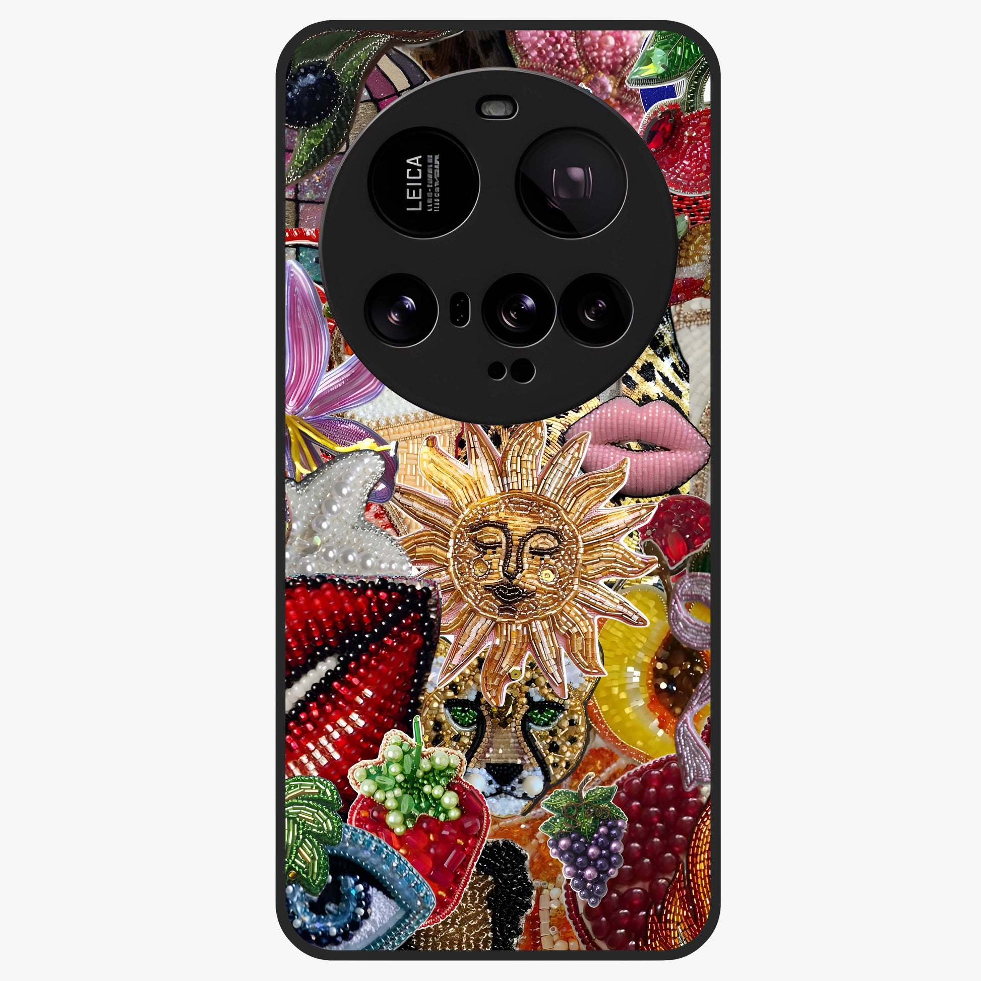 Beaded Fashion Jungle Glass Case showing flat back view with vibrant jungle inspired bead artwork and glossy glass finish.