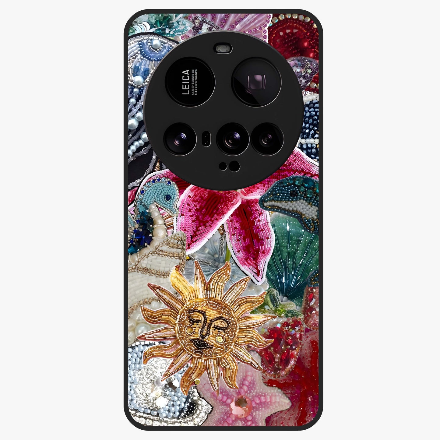 Beaded Garden Fantasy Glass Case showing flat back view with dreamy garden bead artwork and glossy glass finish.