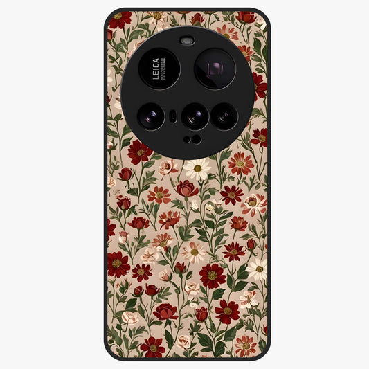 Biege Flower With Leaf Glass Case showing flat back view with soft beige floral artwork and glossy glass finish.