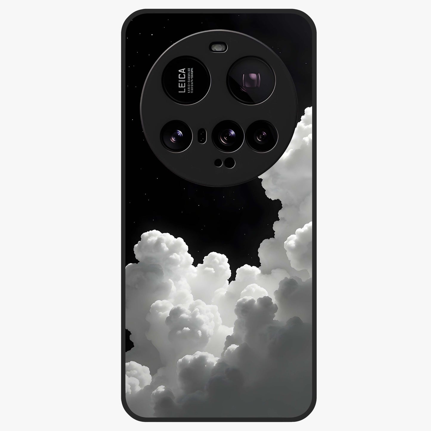 Black Background With White Cloud Glass Case showing flat back view with minimal cloud artwork on dark background and glossy glass finish.