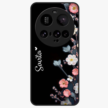 Black Elegance Floral Custom Name Glass Case showing flat back view with elegant floral artwork and personalized name design.
