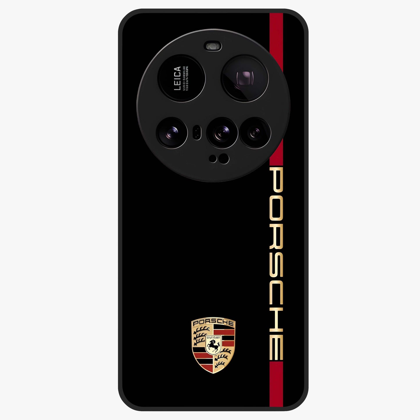 Black Minimal Porsche Glass Case showing flat back view with sleek minimal sports car artwork and glossy glass finish.
