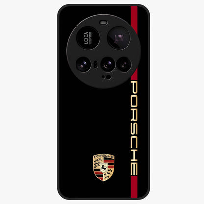 Black Minimal Porsche Glass Case showing flat back view with sleek minimal sports car artwork and glossy glass finish.