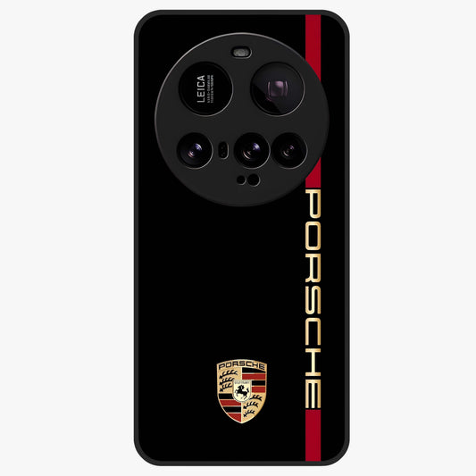 Black Minimal Porsche Glass Case showing flat back view with sleek minimal sports car artwork and glossy glass finish.