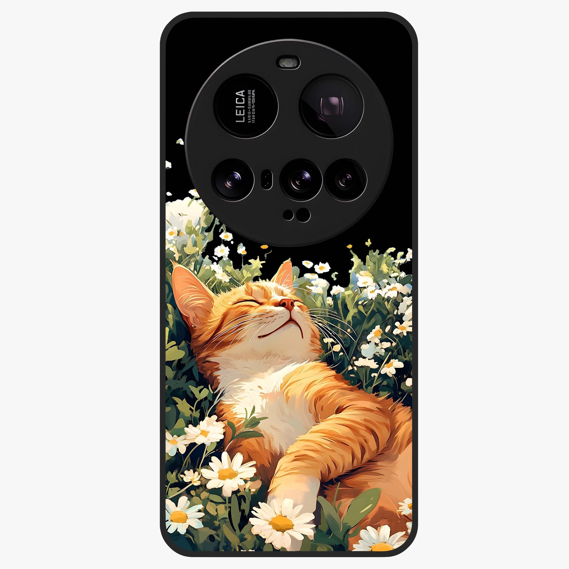 Blissful Bloom Cat Glass Case showing flat back view with cute cat and floral bloom artwork and glossy glass finish.