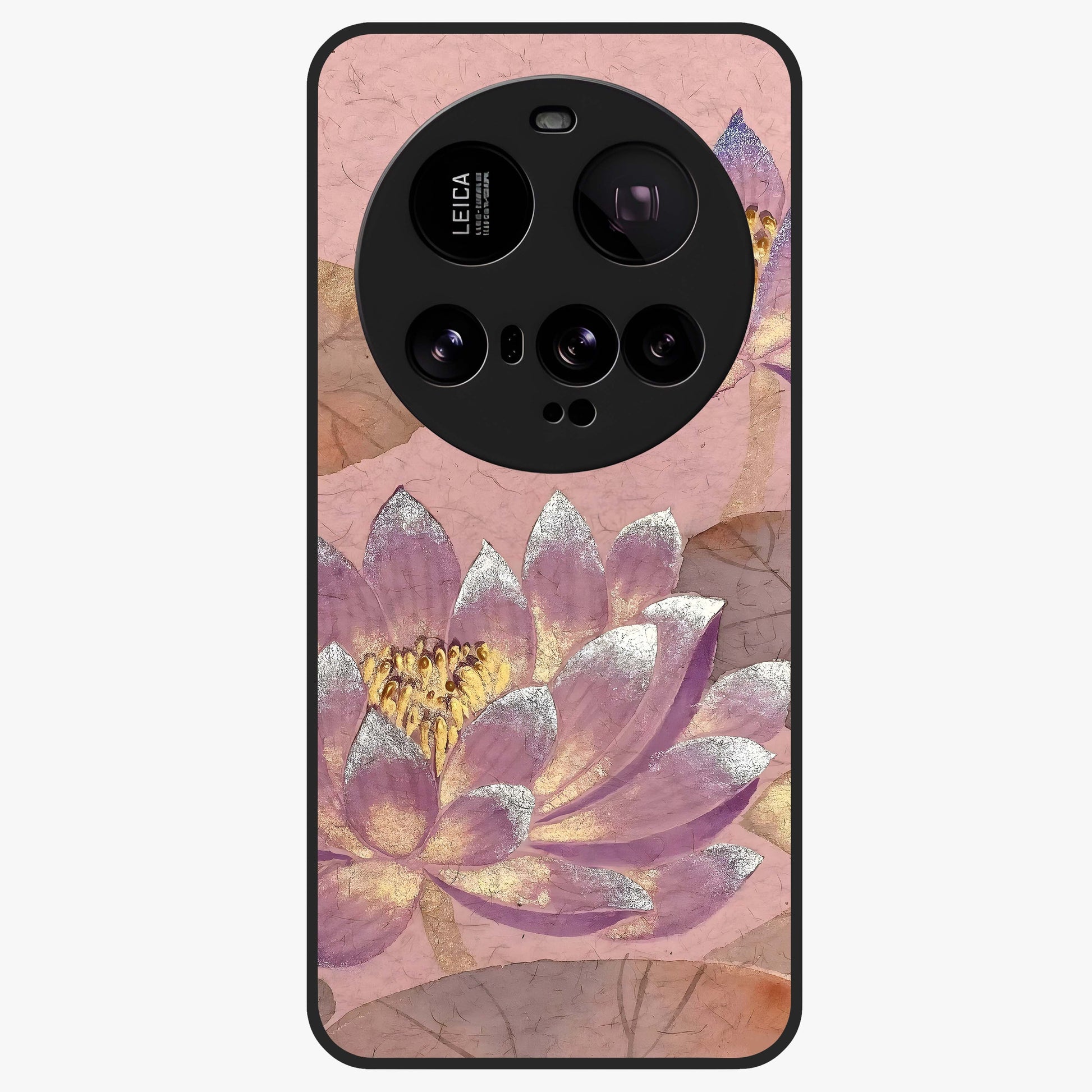 Blossom Mist Lotus Glass Case showing flat back view with serene lotus blossom artwork and glossy glass finish.