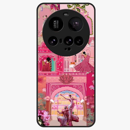 Blossoms of Rajasthan Glass Case showing flat back view with traditional floral artwork inspired by Rajasthan and glossy glass finish.