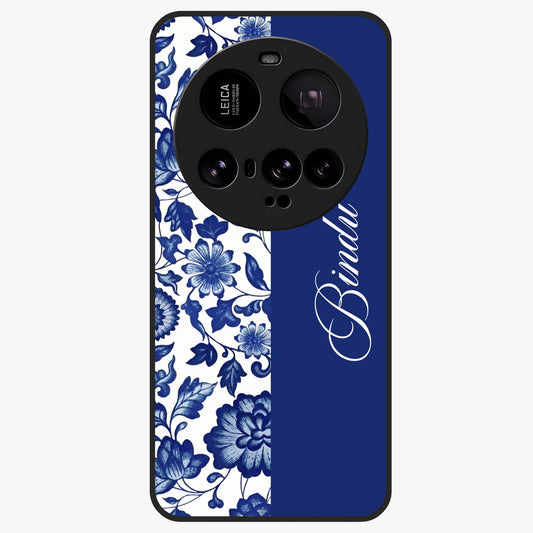 Blue Vintage Floral Pattern Glass Case upright view showcasing timeless floral illustration with vintage inspired style.