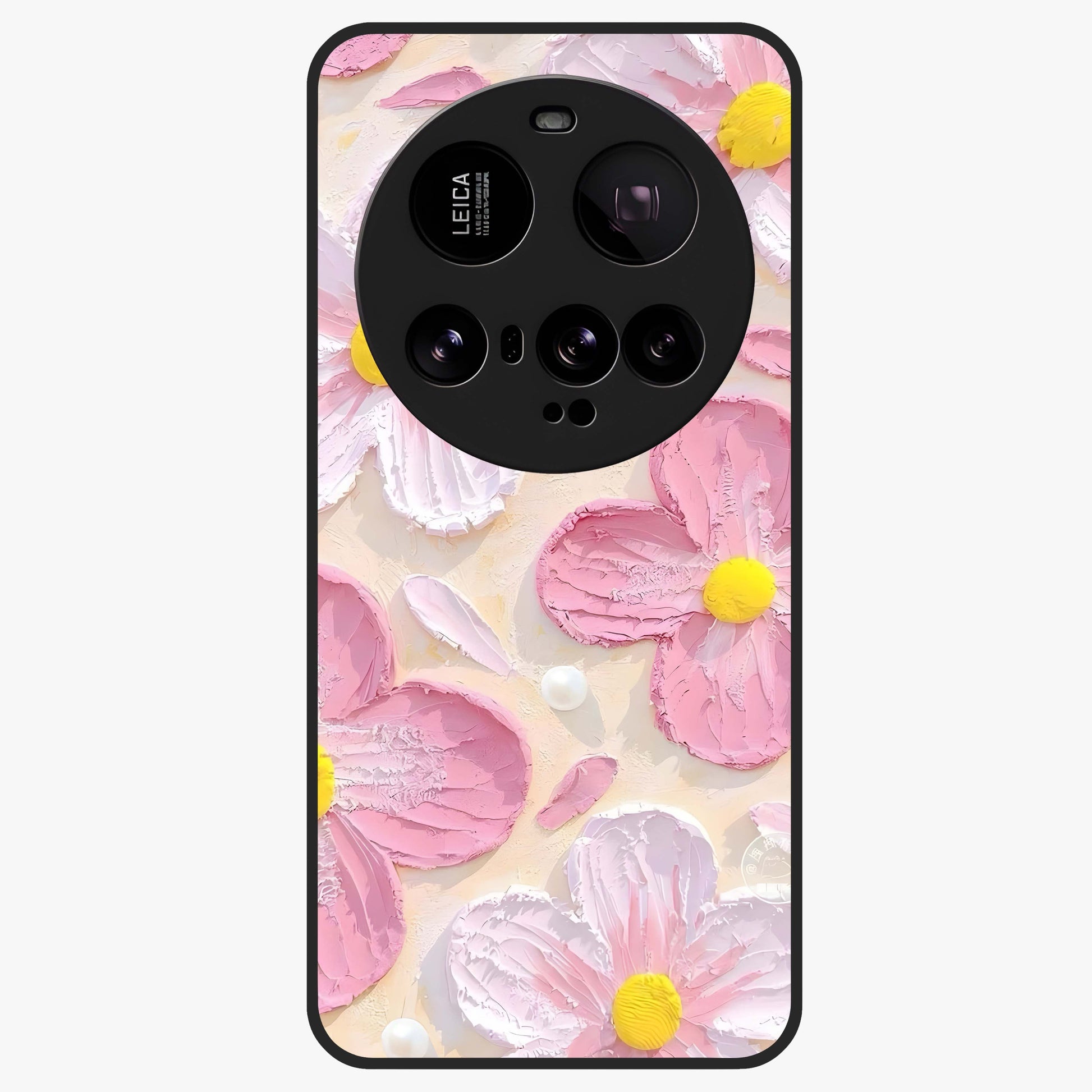 Blush Bloom Texture Glass Case showing flat back view with soft blush floral texture artwork and glossy glass finish.