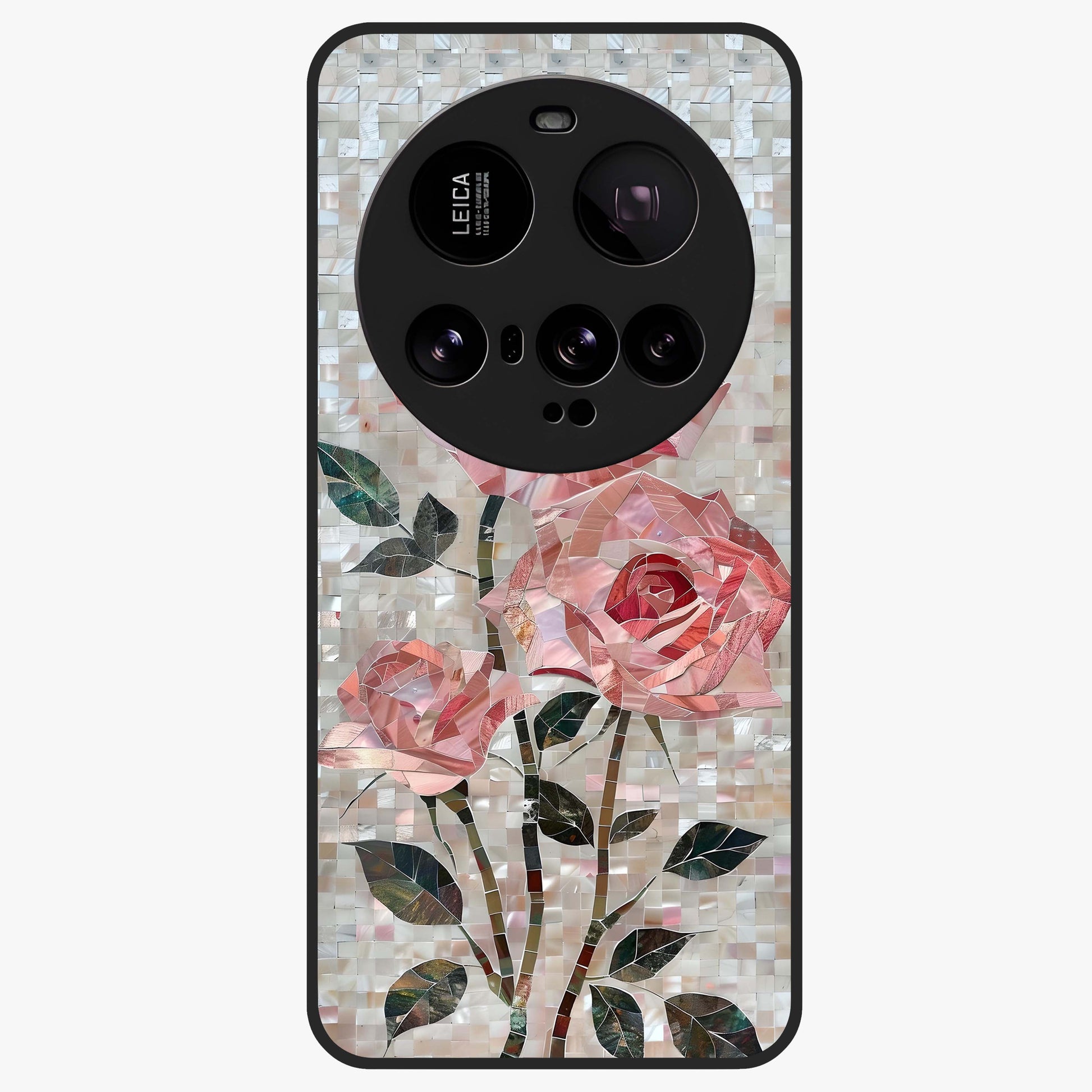 Blush Mosaic Bloom Glass Case showing flat back view with mosaic floral bloom artwork and glossy glass finish.