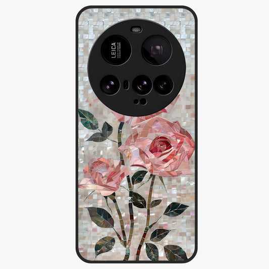 Blush Mosaic Bloom Glass Case showing flat back view with mosaic floral bloom artwork and glossy glass finish.