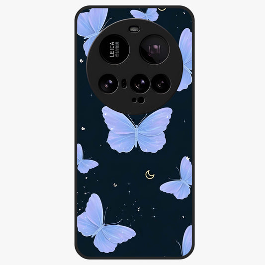 Butterfly With Stars Pattern Glass Case showing flat back view with butterfly and star pattern artwork and glossy glass finish.