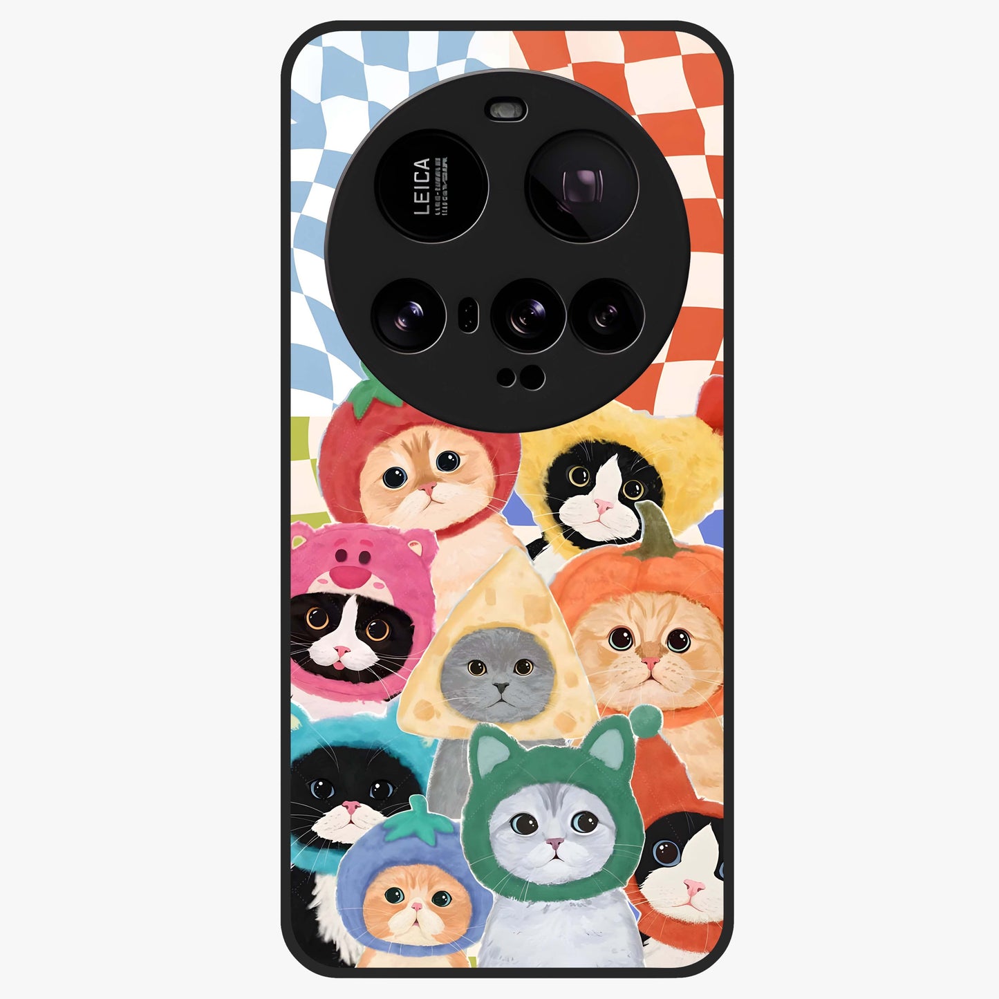 Cats in Fruits Glass Case showing flat back view with playful cat illustrations inside fruit artwork and glossy glass finish.