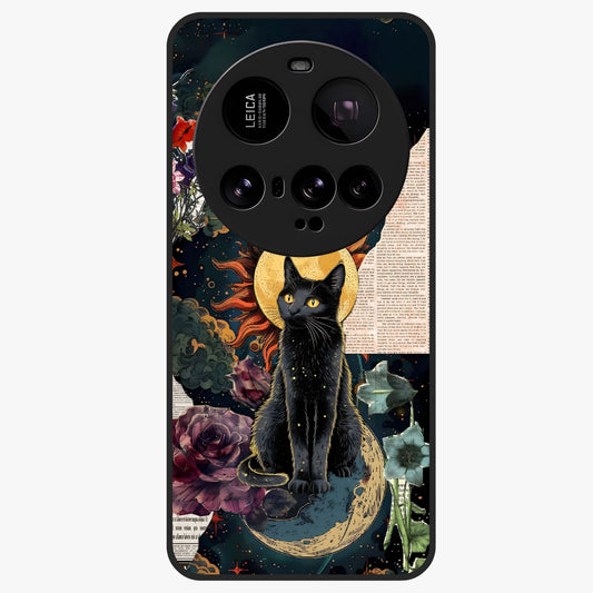 Celestial Black Cat Glass Case showing flat back view with mystical black cat artwork and glossy glass finish.