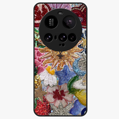 Celestial Floral and Playful Glass Case showing flat back view with floral and celestial themed artwork and glossy glass finish.