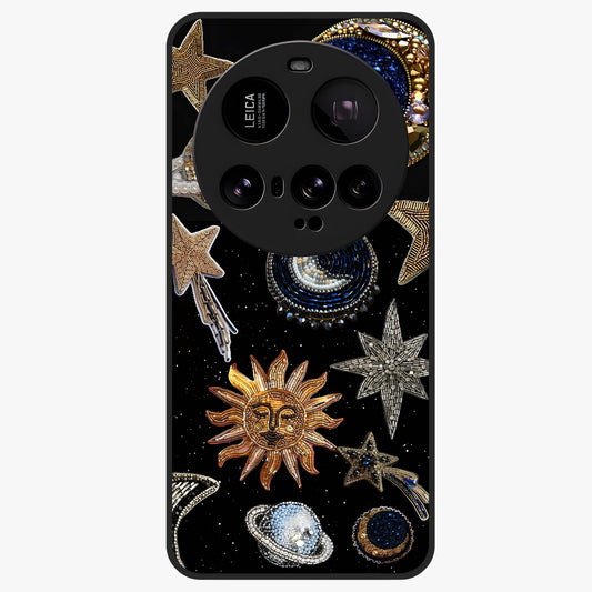 Celestial Gem Constellations Glass Case showing flat back view with sparkling constellation artwork and glossy glass finish.