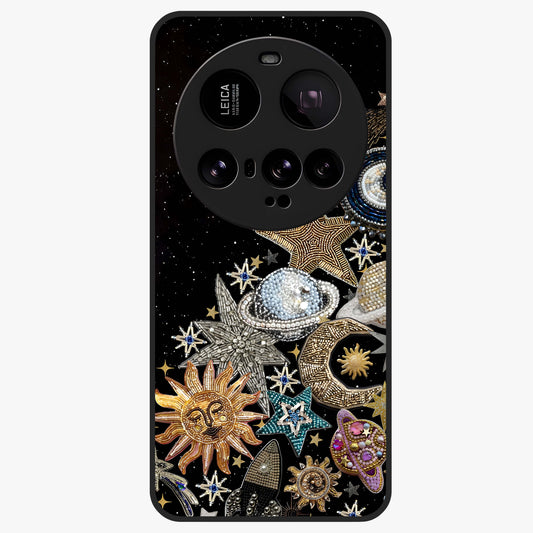 Cosmic Sparkle Dreams Glass Case showing flat back view with sparkling cosmic artwork and glossy glass finish.