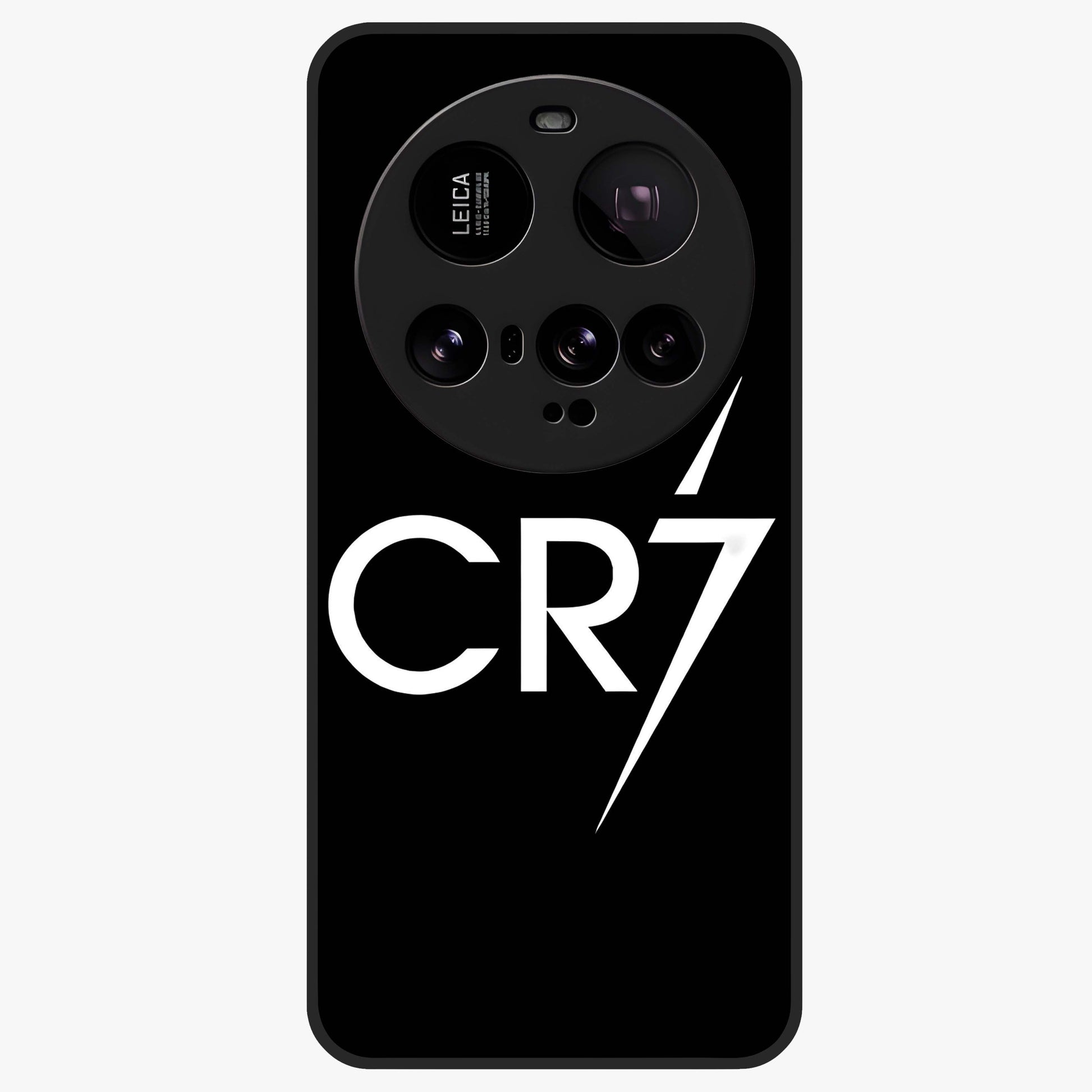 Cr7 Elite Strike Glass Case showing flat back view with dynamic football inspired artwork and glossy glass finish.