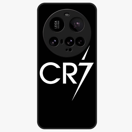 Cr7 Elite Strike Glass Case showing flat back view with dynamic football inspired artwork and glossy glass finish.