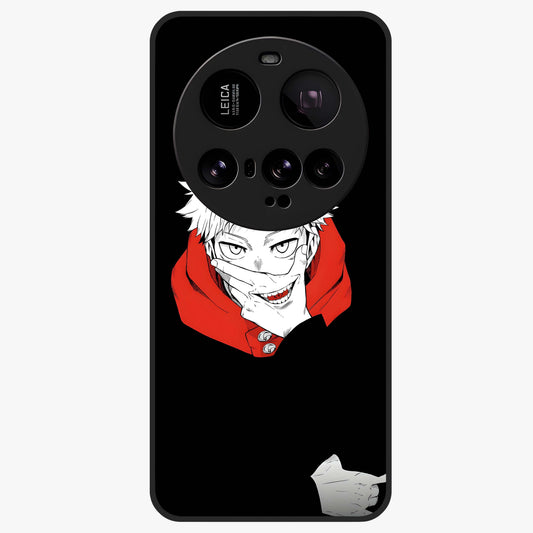 Crimson Chaos Smile Glass Case showing flat back view with bold chaotic smile artwork and glossy glass finish.