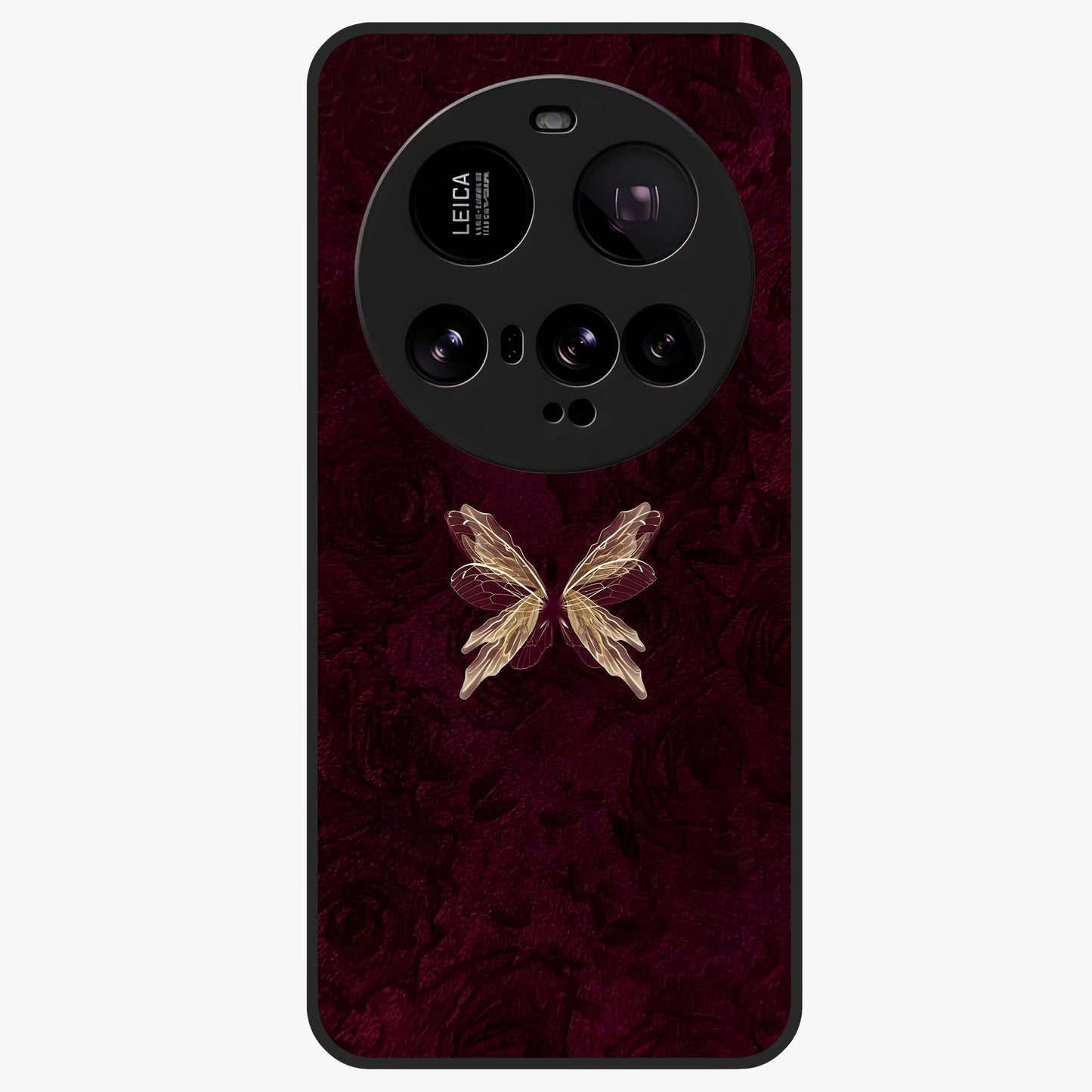 Crimson Fade Butterfly Glass Case showing flat back view with fading butterfly artwork and glossy glass finish.