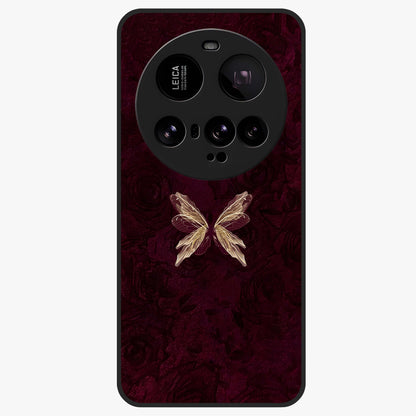 Crimson Fade Butterfly Glass Case showing flat back view with fading butterfly artwork and glossy glass finish.