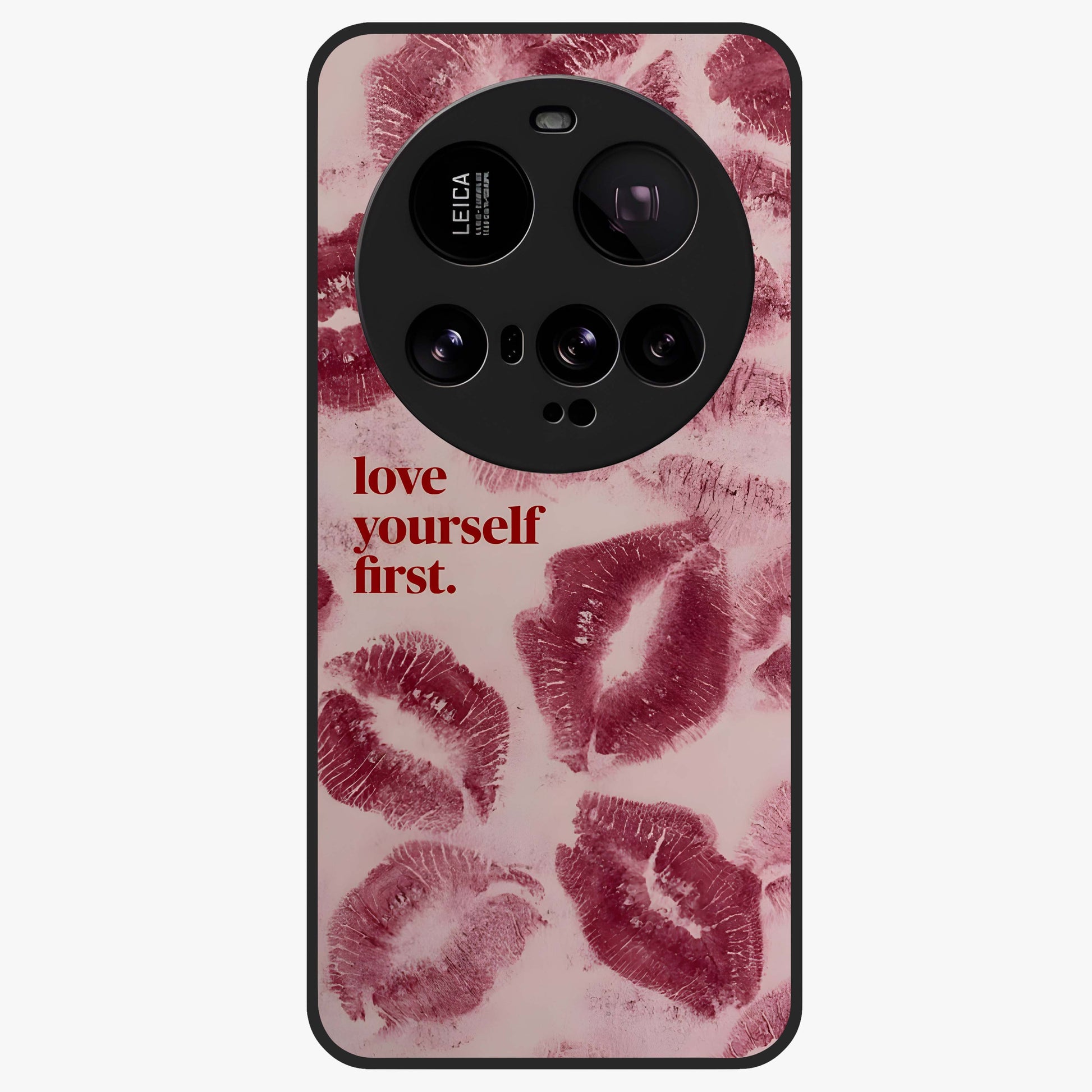 Crimson Kiss Love Glass Case showing flat back view with romantic crimson themed artwork and glossy glass finish.
