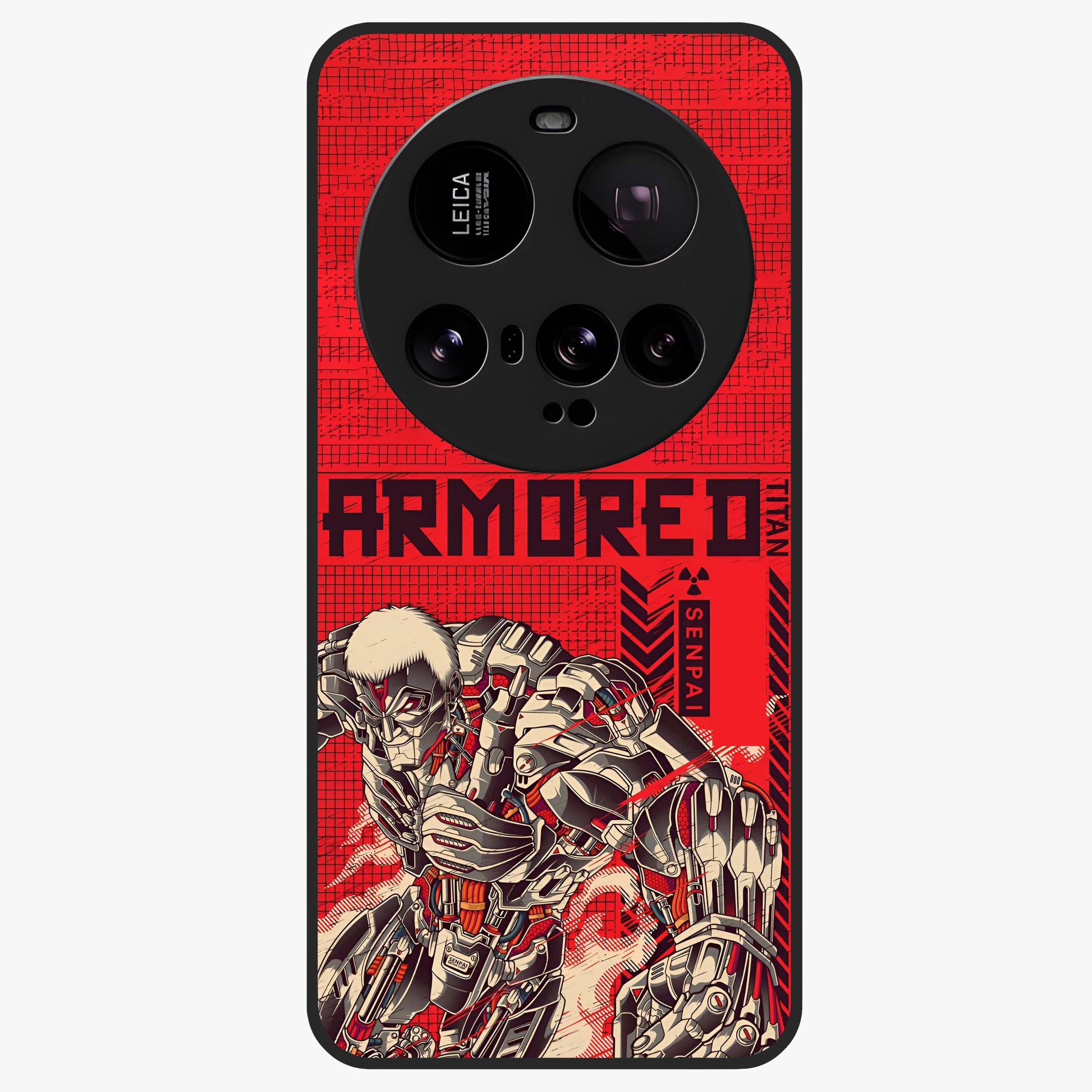 Crimson Mecha Titan Glass Case showing flat back view with powerful mech titan artwork and glossy glass finish.