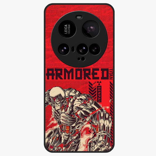 Crimson Mecha Titan Glass Case showing flat back view with powerful mech titan artwork and glossy glass finish.