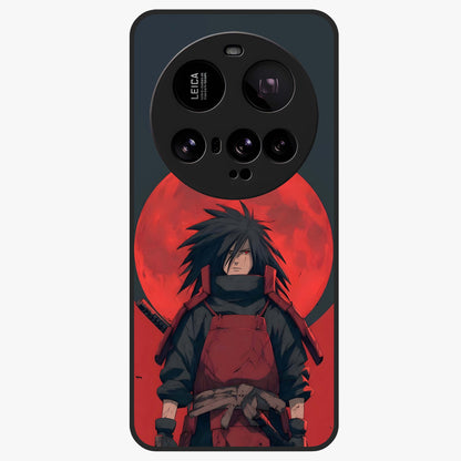Crimson Moon Warlord Glass Case showing flat back view with mystical moon warrior artwork and glossy glass finish.